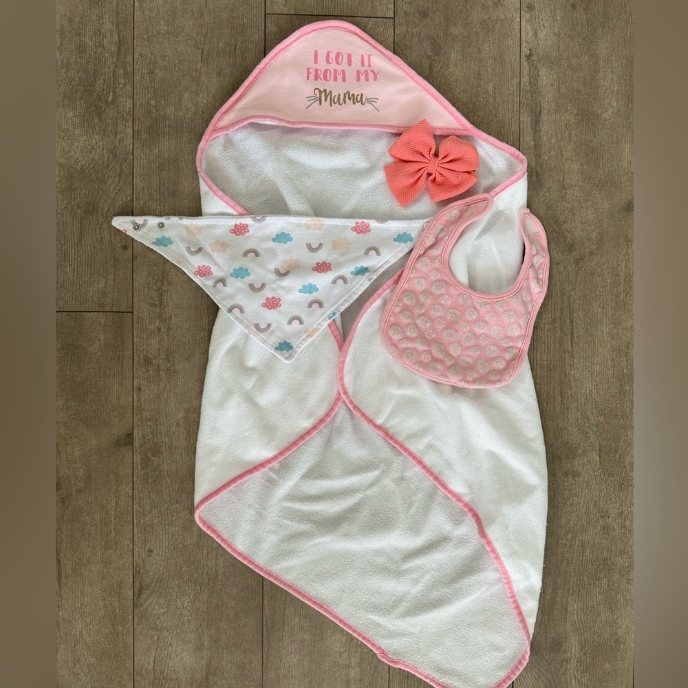 Modern Baby Girl Hooded Bath Towel, bibs & Hair accessory
So precious